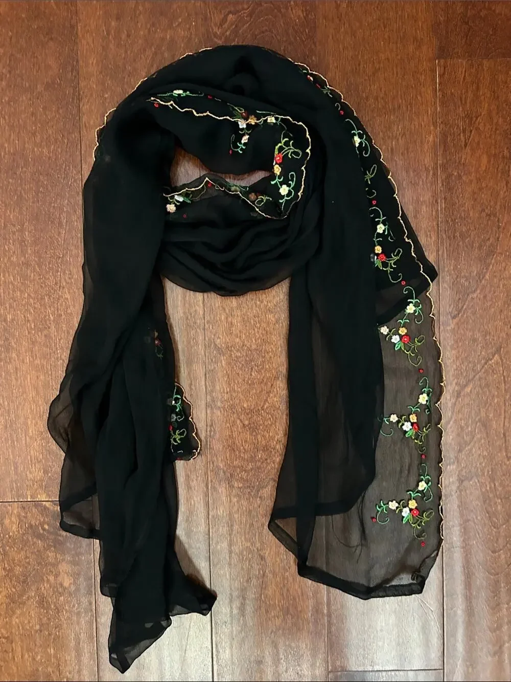 Black Sheer Scalloped Scarf with Colorful Floral Embroidery, Feminine Witchy